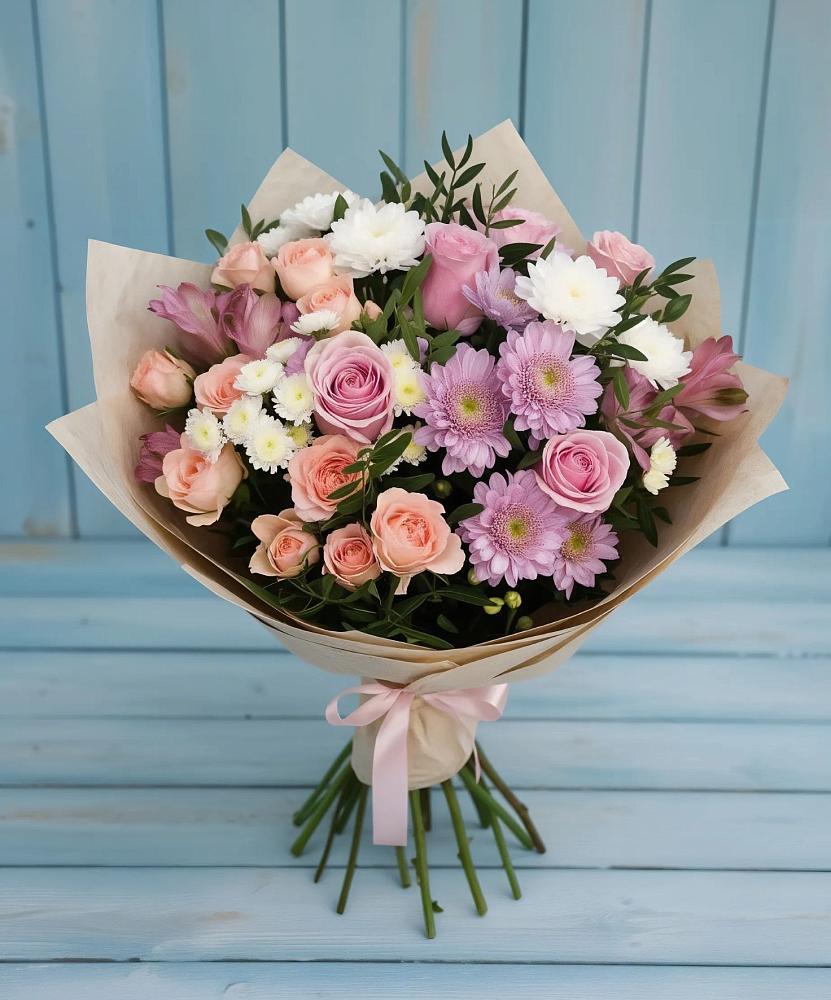 Букет цветов из: Хризантемы, Розы и Альстромерии в Поселок совхоза Сафоновский