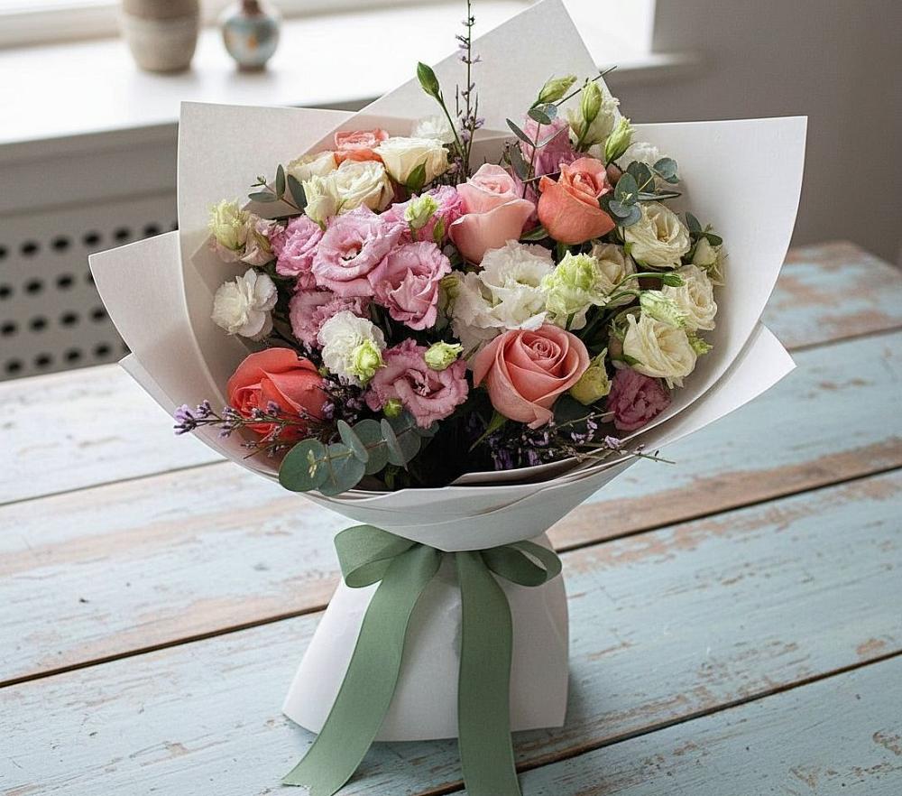 Букет цветов из: Розы, Лизиантусы и Гвоздики в Поселок совхоза Сафоновский