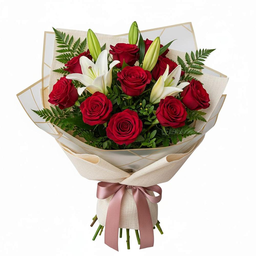 Букет цветов из: Лилии и Розы в Поселок совхоза Сафоновский