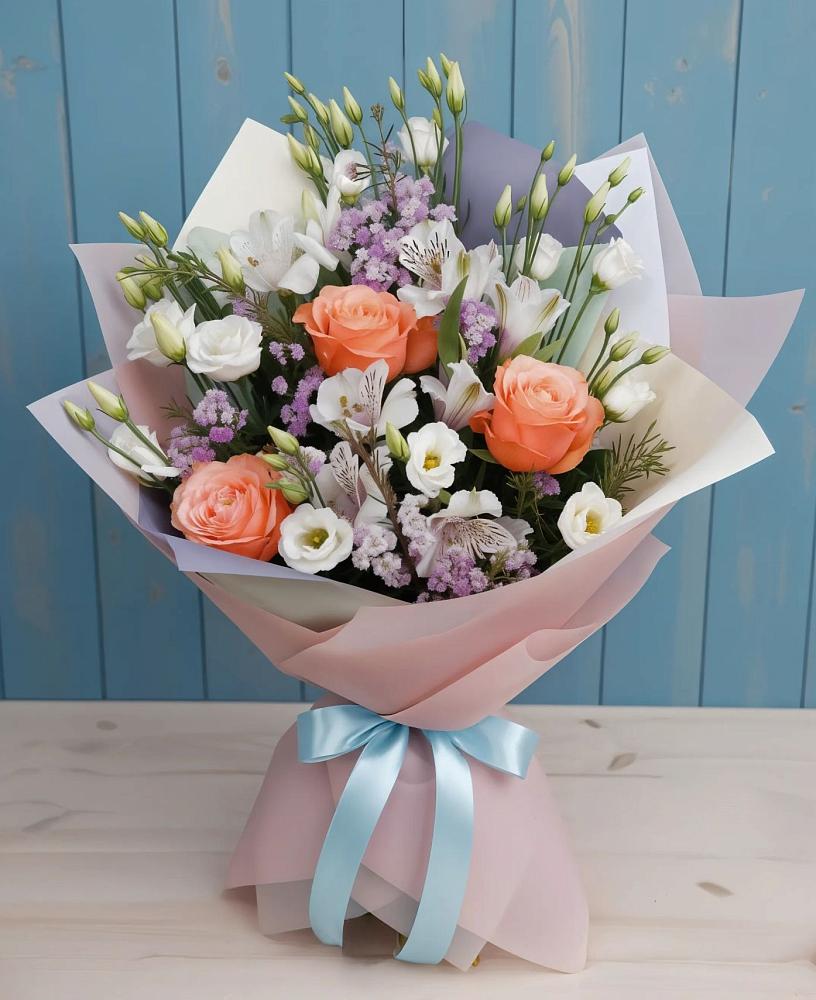 Букет цветов из: Лизиантусы, Розы, Альстромерии и Гипсофила в Поселок совхоза Сафоновский