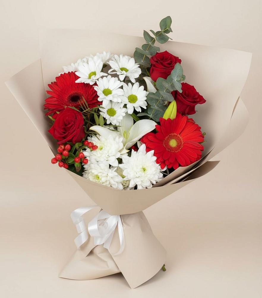 Букет цветов из: Розы, Хризантемы, Герберы и Лилии в Поселок совхоза Сафоновский