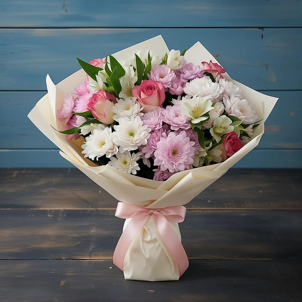 Букет цветов из: Хризантемы, Альстромерии и Розы в Поселок совхоза Сафоновский